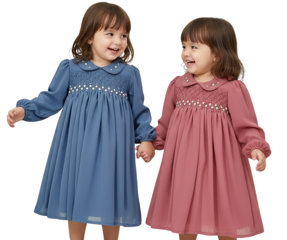 Cuddle Buds hand-smocked pink frock for toddler girls, premium handmade kids clothing