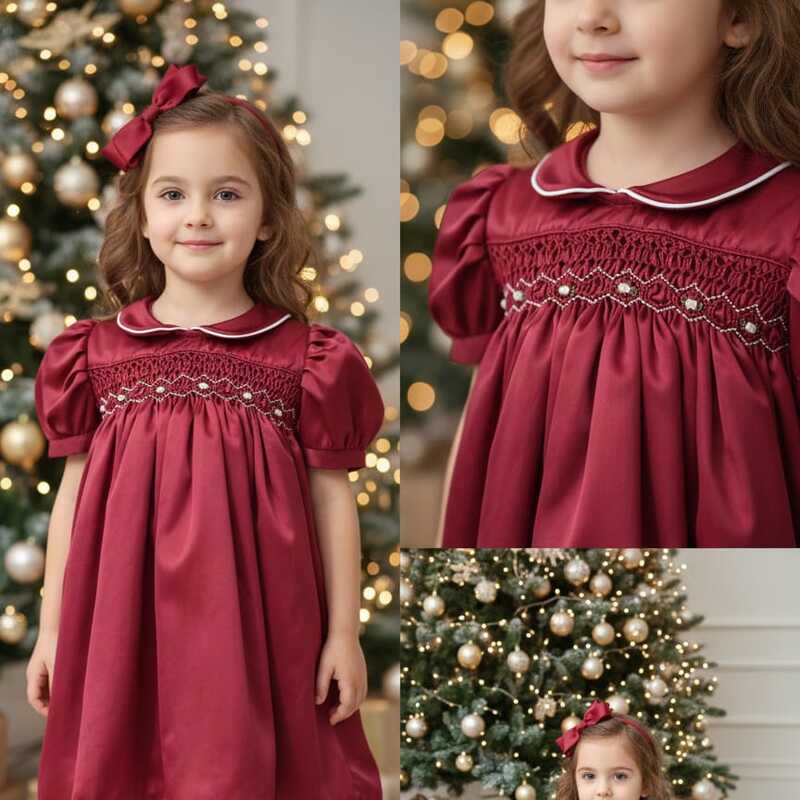 Satin Party Wear Hand Smocked and Hand Embroidered Frock